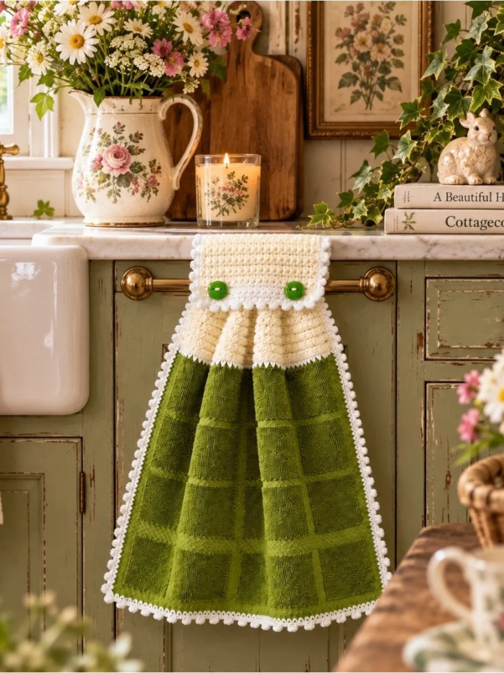 Handmade Chartreuse Olive Green Crochet Hanging Kitchen Towel